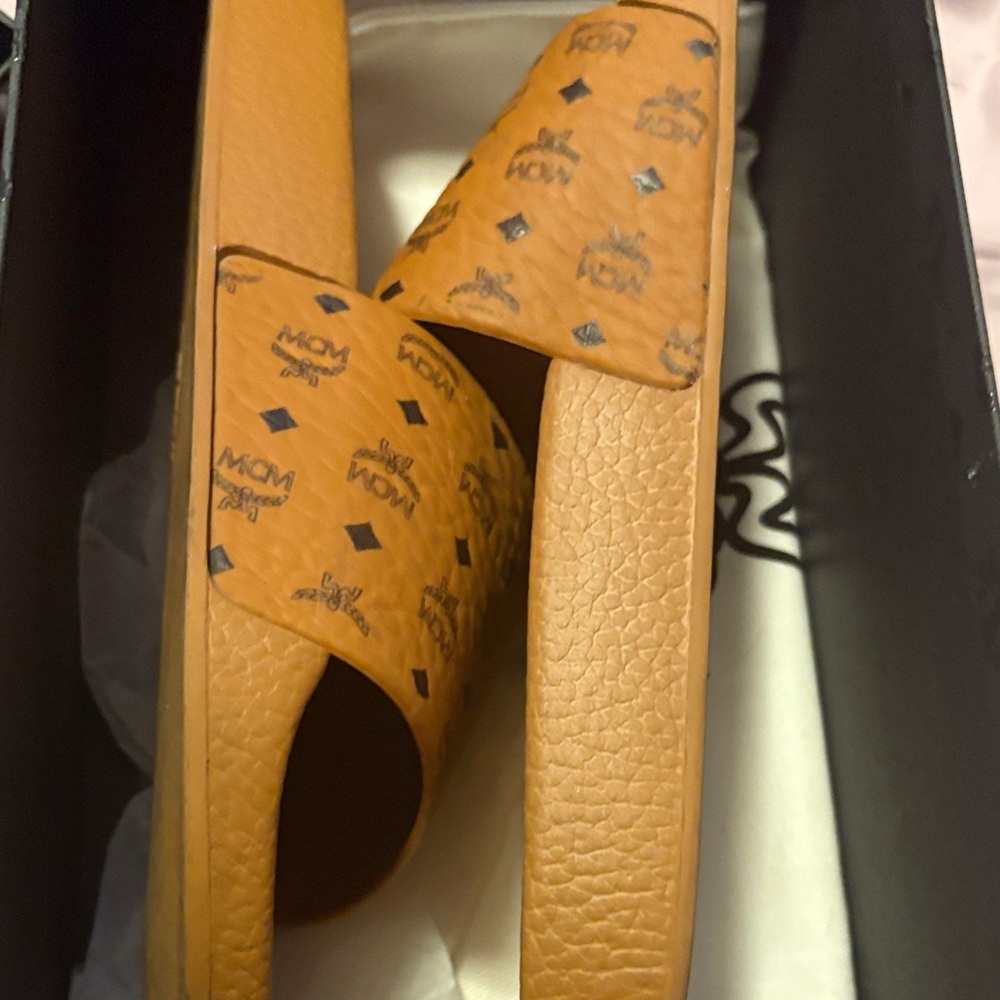 MCM Cognac Logo Print Slide Sandals